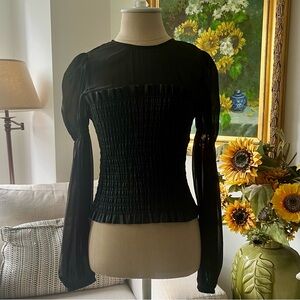 🎉Zara Black Smocked Top With Sheer Long Sleeves